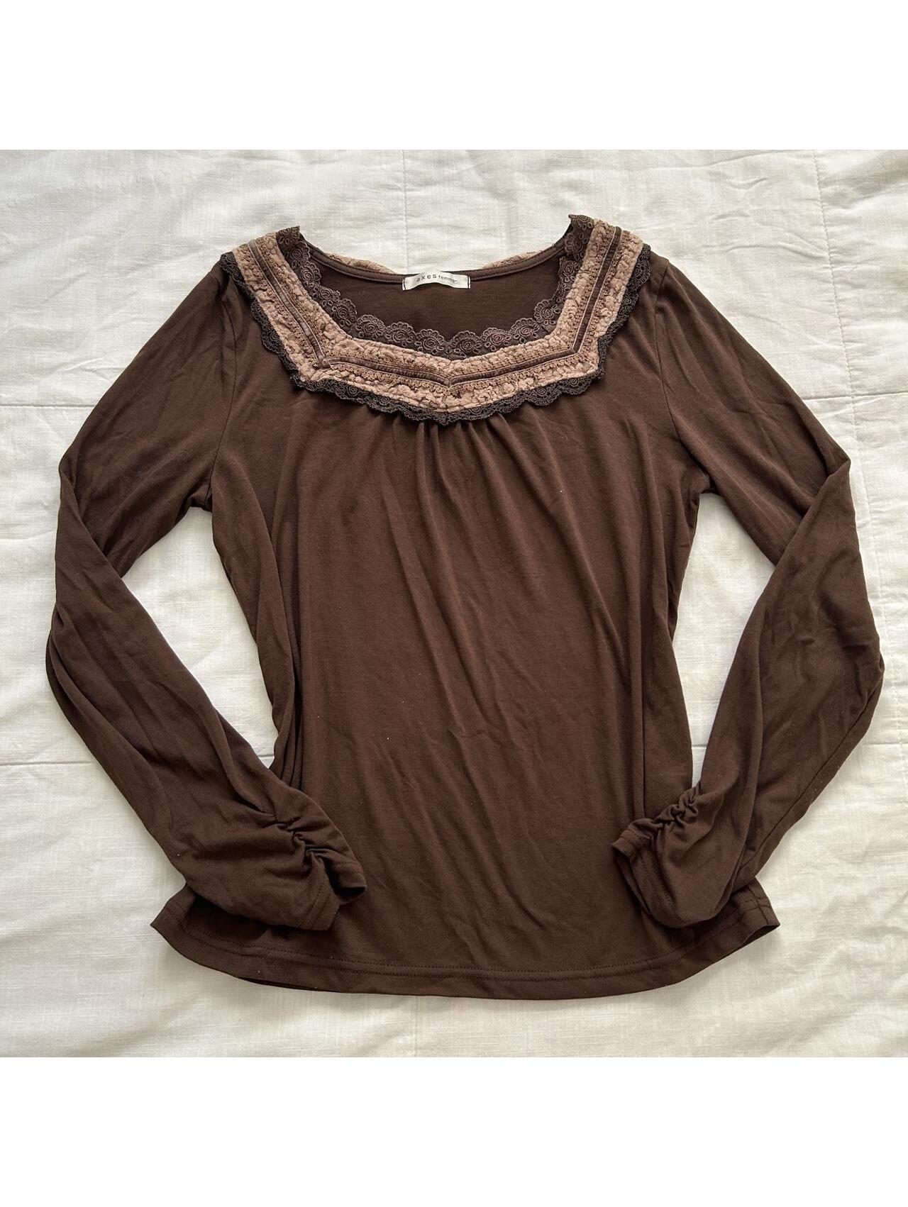 Axes Femme Brown Pearl Lace Bow Back Top Size M Japan
